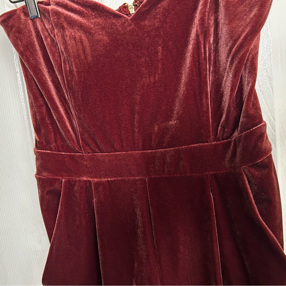 Wine Red Velvet Jumpsuit Strapless Wide Leg Formal Holiday Cocktail Outfit - Picture 2 of 11
